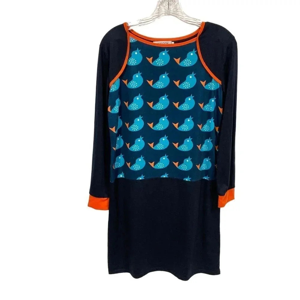 MISSLOOK Shift Dress, Medium, Navy w Blue Birds, Casual Long-Sleeve Pullover